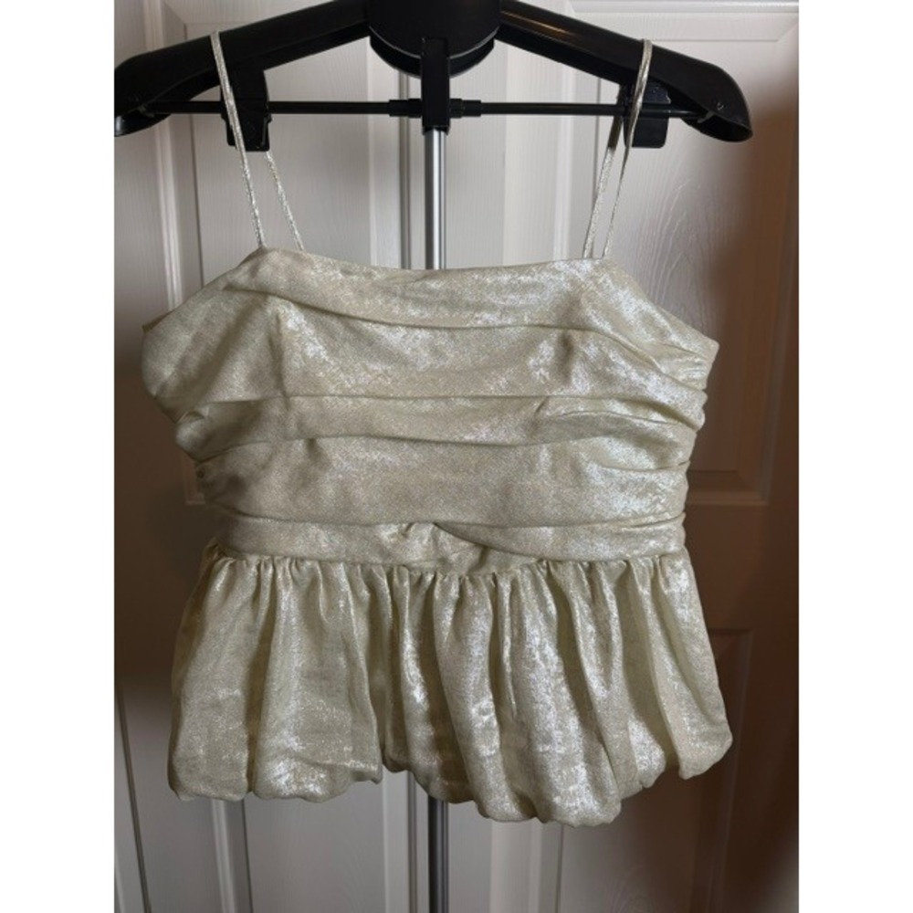 NEW Shiny Cream spaghetti straps peplum balloon layered look top Size L